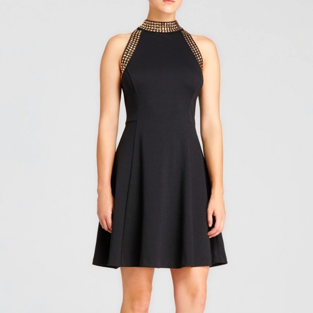Michael Kors Black Gold Studs Halter A-Line Fit & Flare Swing Midi Dress, 0/2/4